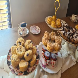 Blueberry crumble, cupcakes, lemon meringue and chocolate croissants