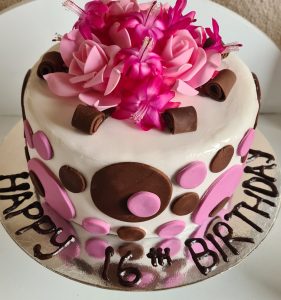 Polka dot and floral theme birthday cake