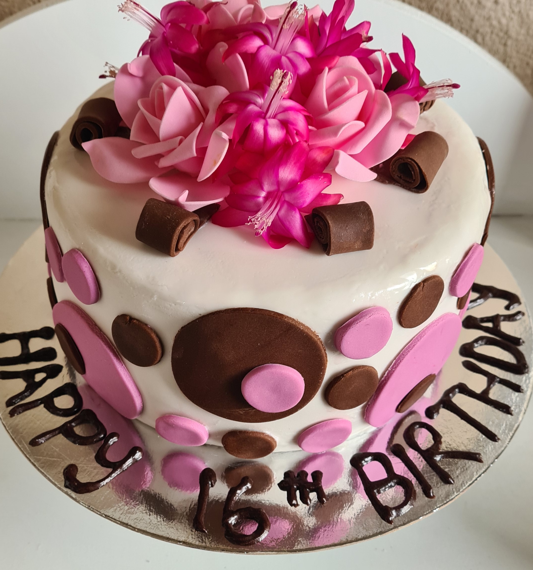 Polka dot and floral theme birthday cake