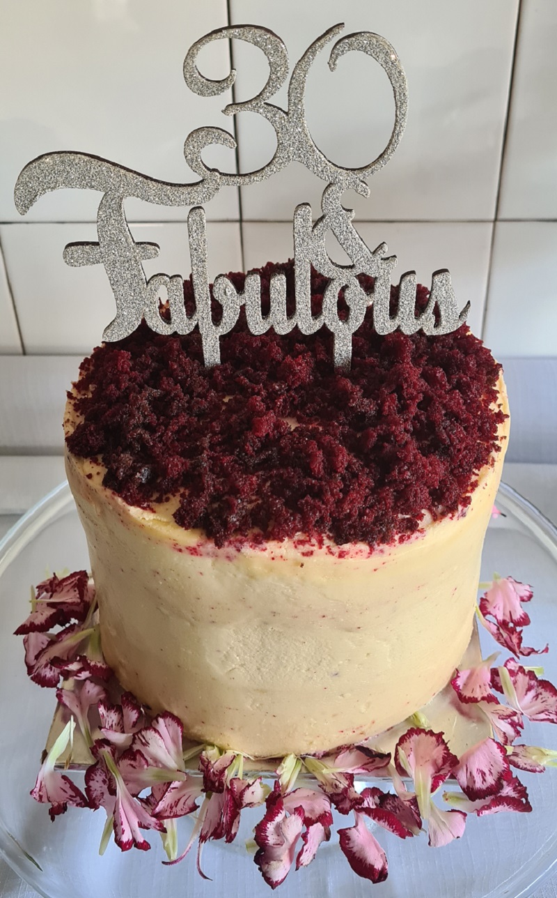 30th Birthday red velvet and baked cheesecake celebration cake