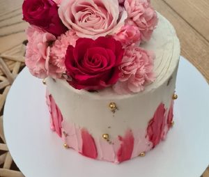 Pink and white birthday cake